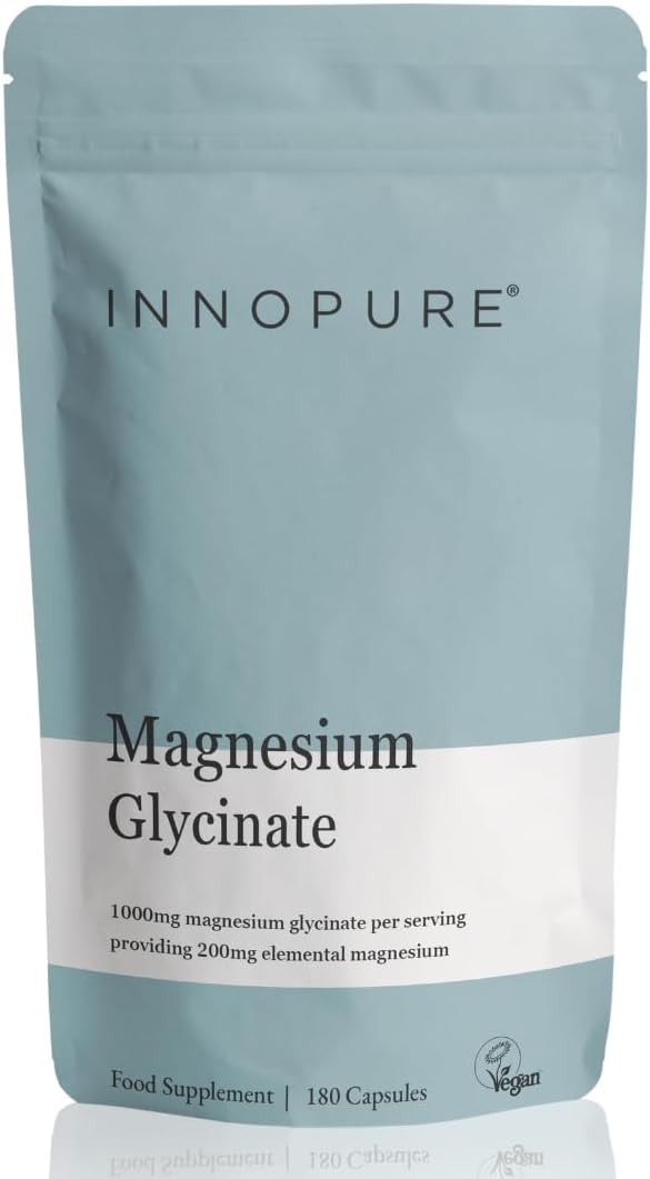 INNOPURE Magnesium Bisglycinate - 180 Capsules - Bioavailable Magnesium Supplements - 1000mg Per Serving (2 Capsules) Providing 200mg of Elemental Glycinate Powder - Made in The UK