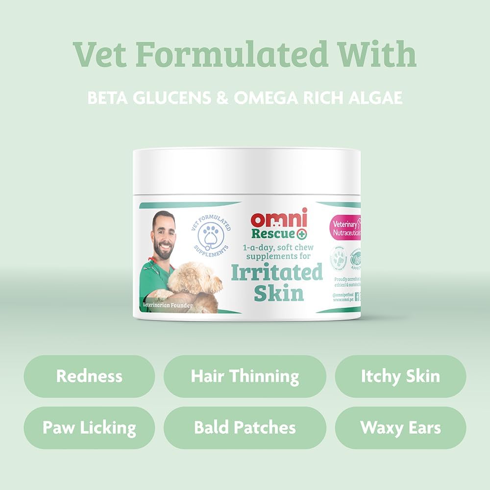 Omni Irritated Skin Relief Supplement - Dragons’ Den Winners, One-a-Day Supplements with Algae to Help Protect and Hydrate the Skin, Allergy Relief for Dogs, 30 Servings, Large 30+ Kg