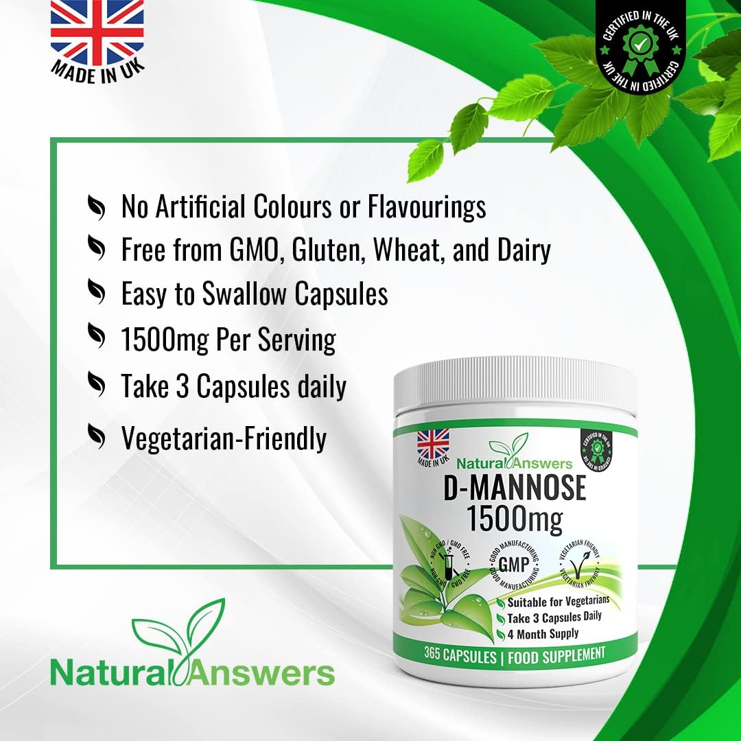 D-Mannose | 365 Capsules | Max Strength 1500mg per Serving - Precision DMannose - Vegetarian Capsules not Tablets or Pills, Made in The UK (365 Count (Pack of 1))