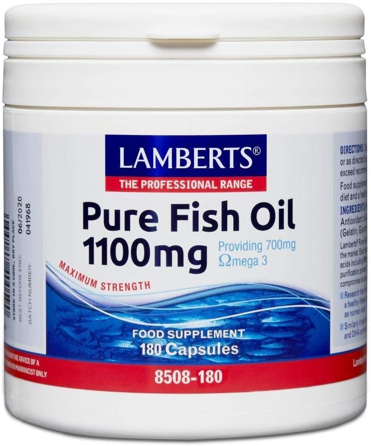 Lamberts Pure Fish Oil 1100mg – High Strength Omega 3 Supplement – 355mg EPA & 237mg DHA – 180 Capsules