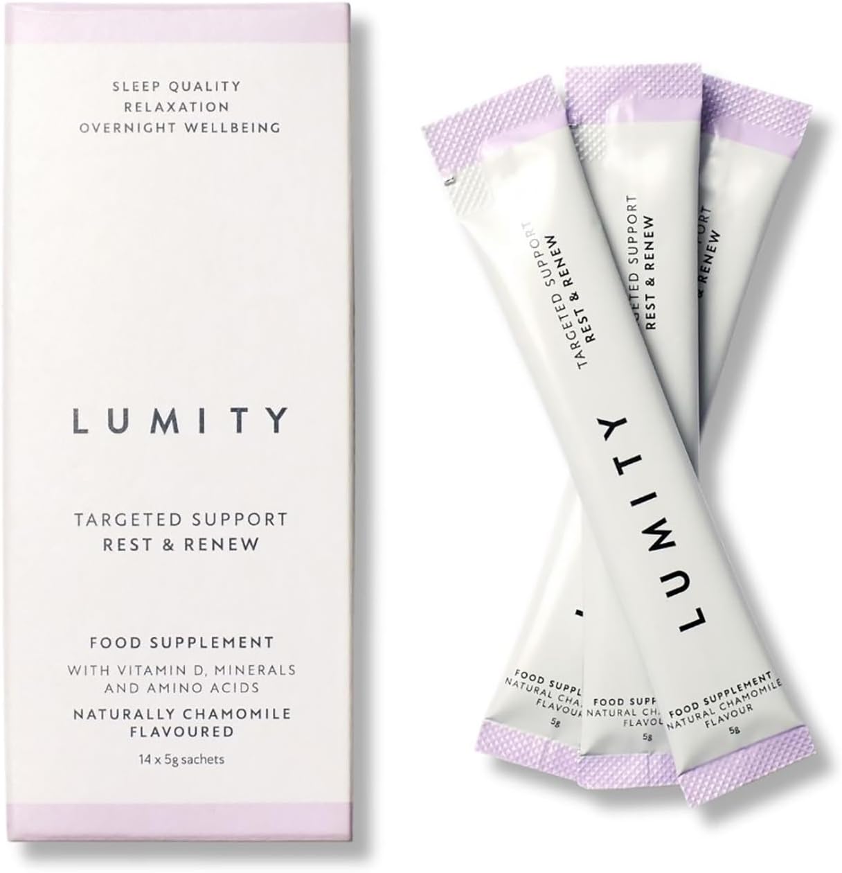Lumity Rest & Renew Magnesium for Sleep, Magnesium Glycinate, Bisglycinate & Glycine Supplements with L Theanine, Amino Acids & Chamomile for Relaxation & Sleep Quality for Sleep Aid (14 5g Sachets)