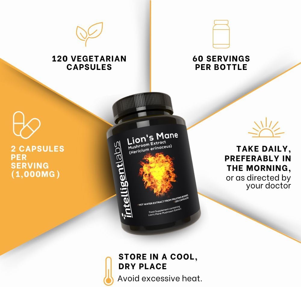 Intelligent Labs Lion’s Mane Mushroom Extract, from the Fruiting Bodies of Hericium Erinaceus, 1000mg per Serving, 120 Capsules, Mycelium and Grain-Free