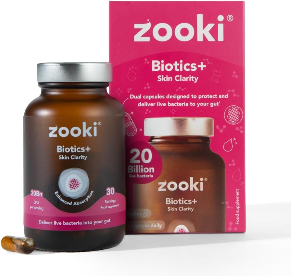 Zooki Biotics+ Skin Clarity Probiotic Supplement – 20 Billion CFU Probiotics for Gut Health with Zinc & Vitamins for Skin Health – Supplements & Probiotic for Clear Skin Support (30 Capsules)