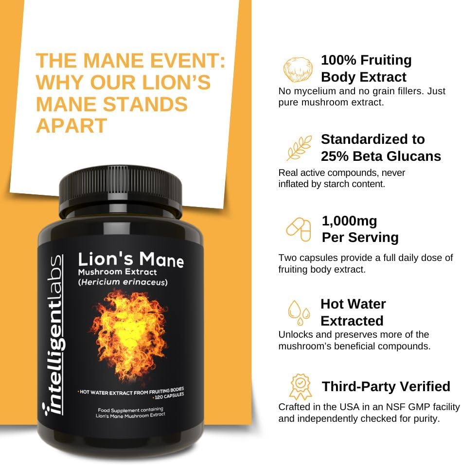 Intelligent Labs Lion’s Mane Mushroom Extract, from the Fruiting Bodies of Hericium Erinaceus, 1000mg per Serving, 120 Capsules, Mycelium and Grain-Free