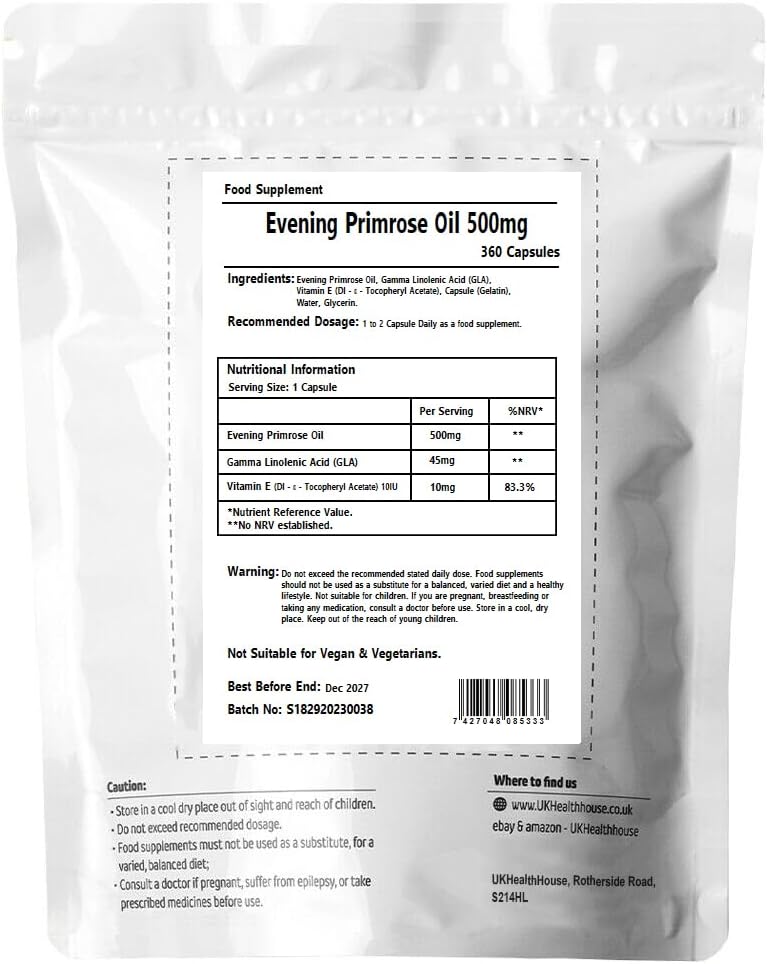 UKHealthHouse Evening Primrose Oil Softgels 500mg – High Strength Omega 6 with 45mg GLA & Vitamin E | Menopause Supplements for Women’s Health, Skin & Immune Support – 360 Capsules
