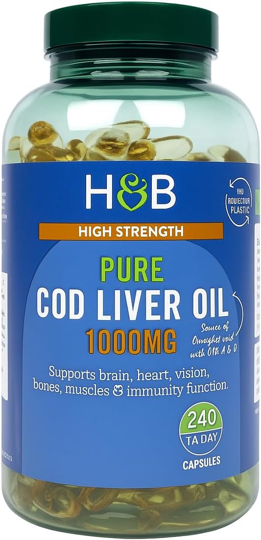 Holland & Barrett Cod Liver Oil 1000mg – 240 Capsules, Omega-3, Vitamins A & D
