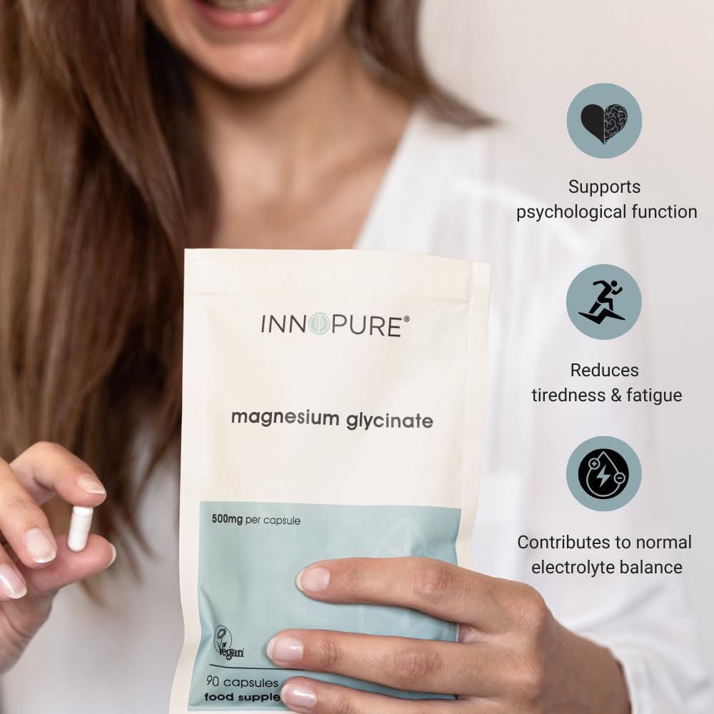 INNOPURE Magnesium Bisglycinate - 180 Capsules - Bioavailable Magnesium Supplements - 1000mg Per Serving (2 Capsules) Providing 200mg of Elemental Glycinate Powder - Made in The UK