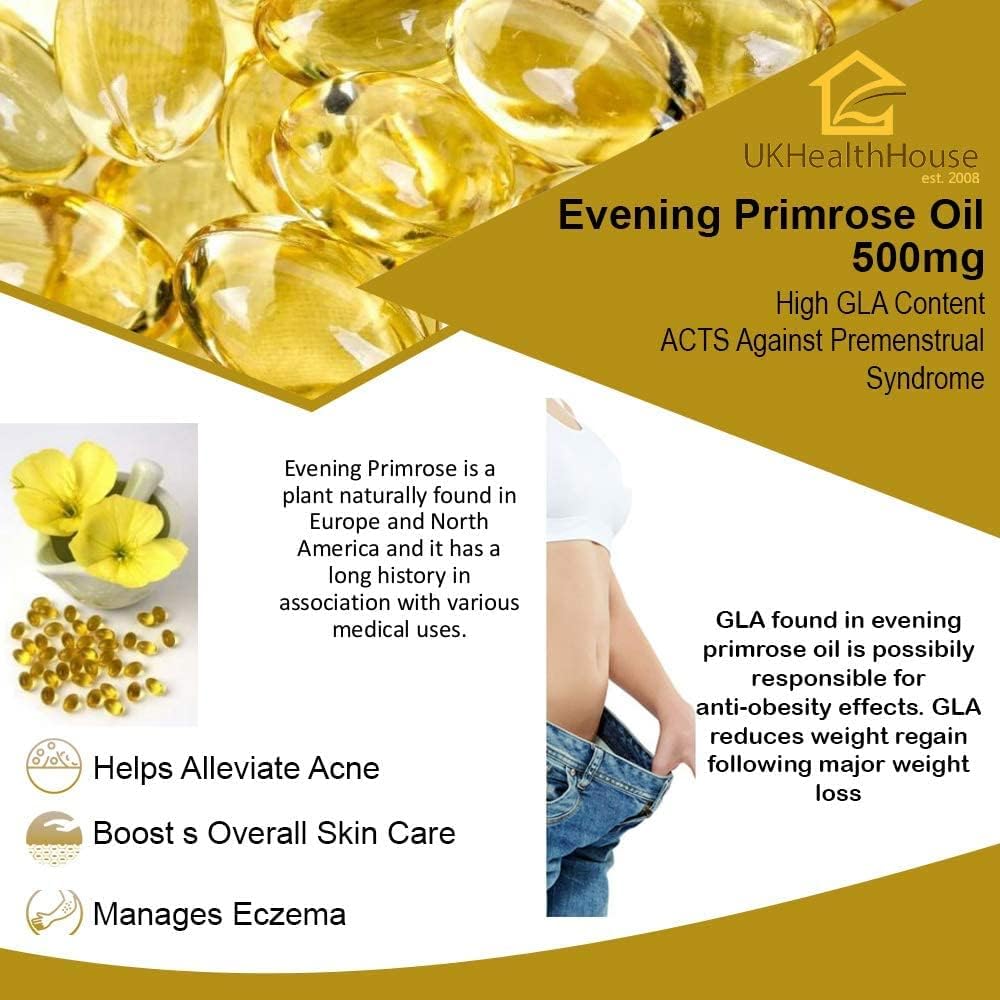 UKHealthHouse Evening Primrose Oil Softgels 500mg – High Strength Omega 6 with 45mg GLA & Vitamin E | Menopause Supplements for Women’s Health, Skin & Immune Support – 360 Capsules