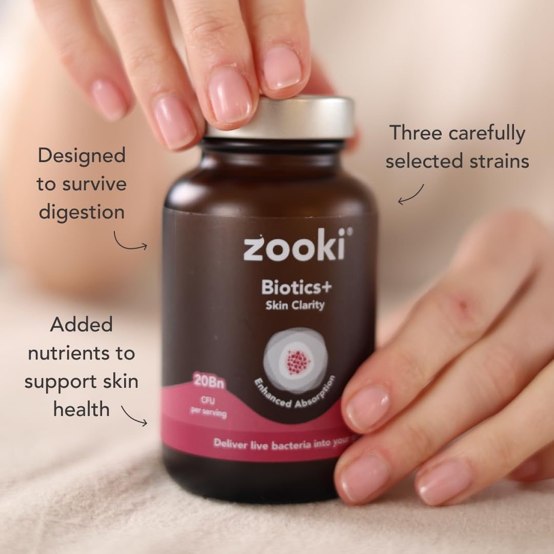 Zooki Biotics+ Skin Clarity Probiotic Supplement – 20 Billion CFU Probiotics for Gut Health with Zinc & Vitamins for Skin Health – Supplements & Probiotic for Clear Skin Support (30 Capsules)