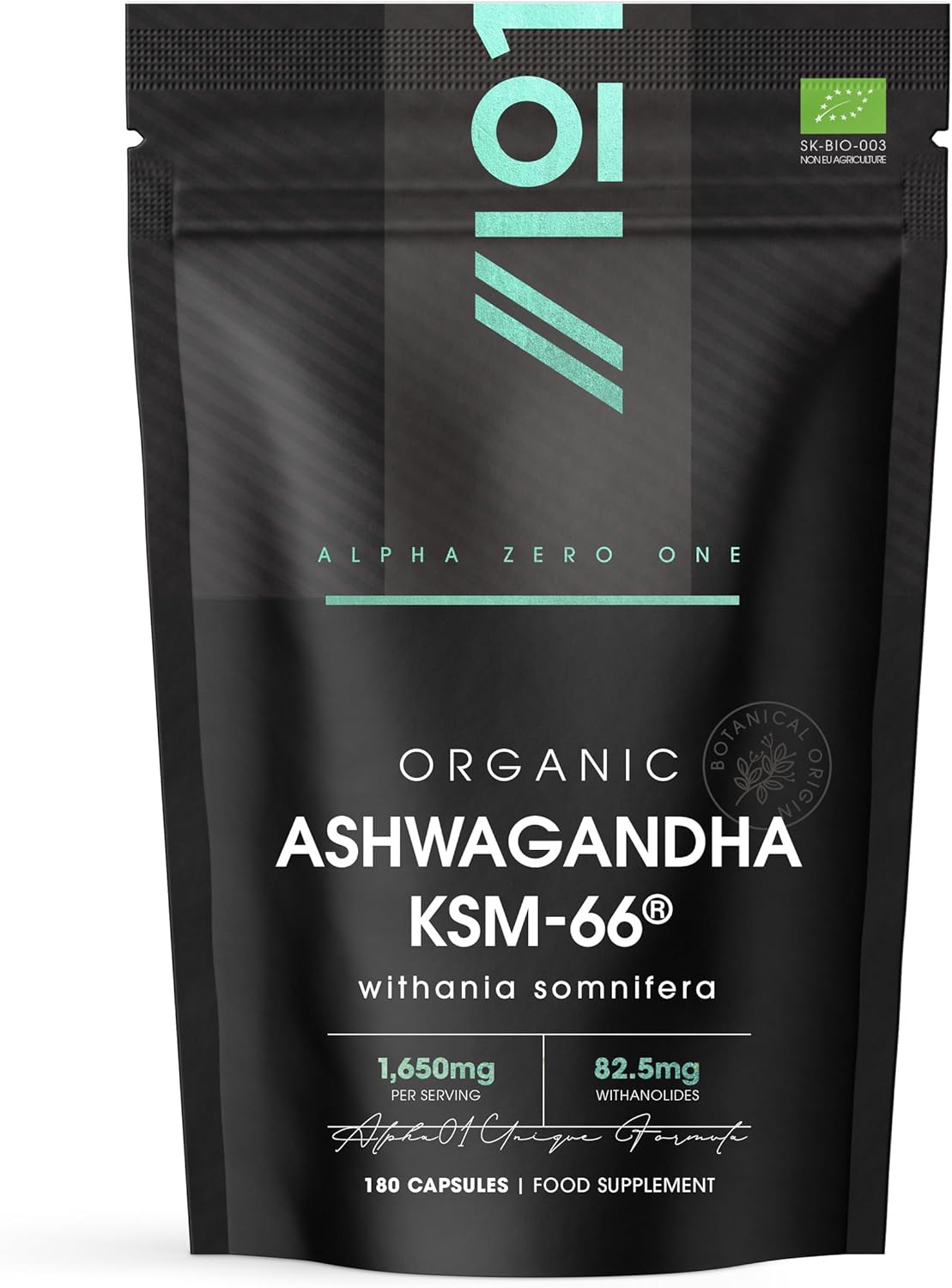 Organic Ashwagandha KSM-66® 1650mg - 5% Withanolides with Black Pepper – 180 Vegan Capsules – Resealable and Recyclable Pouch by Alpha01