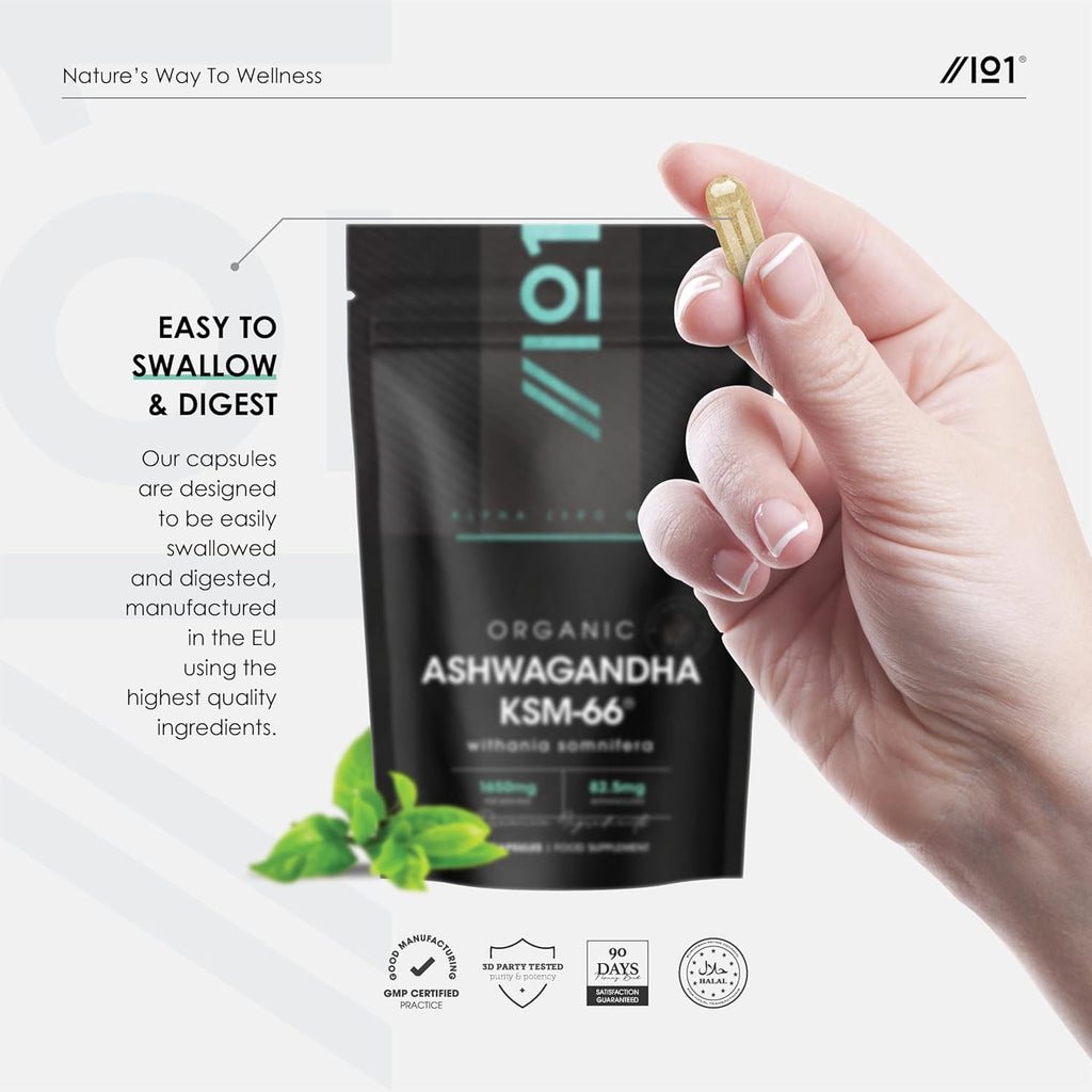 Organic Ashwagandha KSM-66® 1650mg - 5% Withanolides with Black Pepper – 180 Vegan Capsules – Resealable and Recyclable Pouch by Alpha01