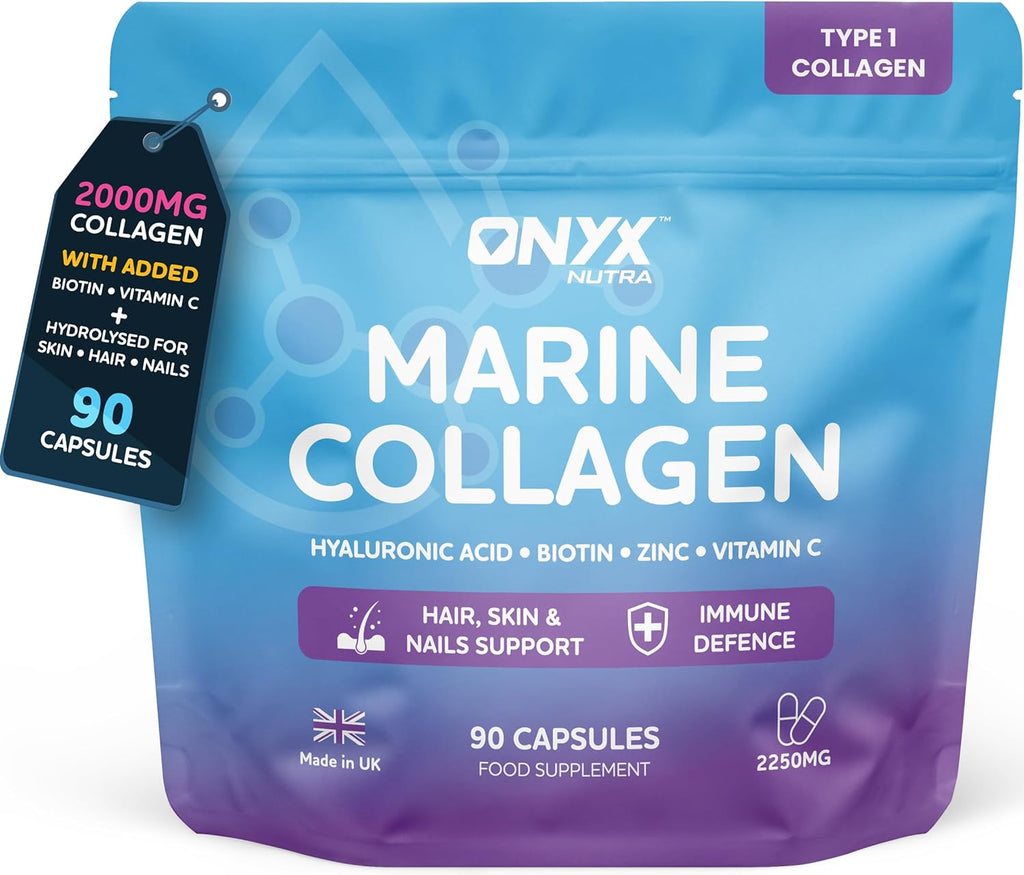 Marine Collagen Capsules 2000mg – Type 1 Hydrolysed Fish Collagen Peptides with Hyaluronic Acid 150mg, Biotin & Vitamin C | Hair Skin Nails & Joint Support Supplement for Women & Men | 90 Capsules