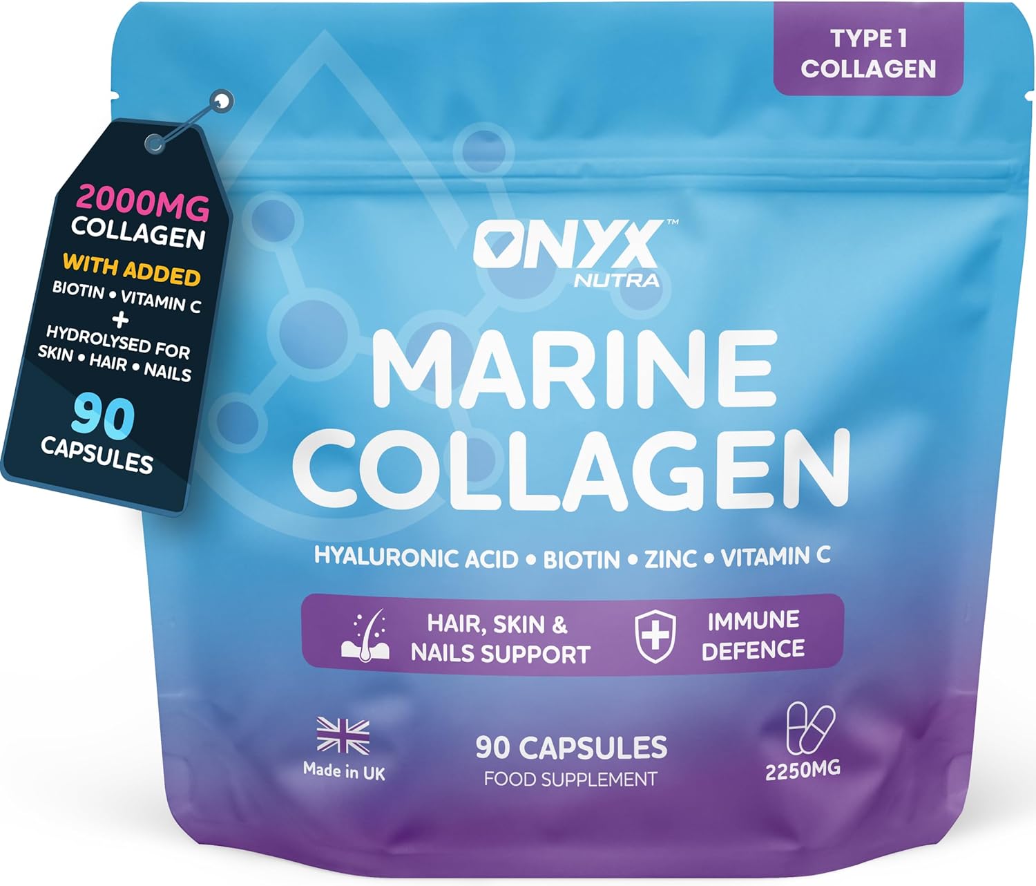 Marine Collagen Capsules 2000mg – Type 1 Hydrolysed Fish Collagen Peptides with Hyaluronic Acid 150mg, Biotin & Vitamin C | Hair Skin Nails & Joint Support Supplement for Women & Men | 90 Capsules