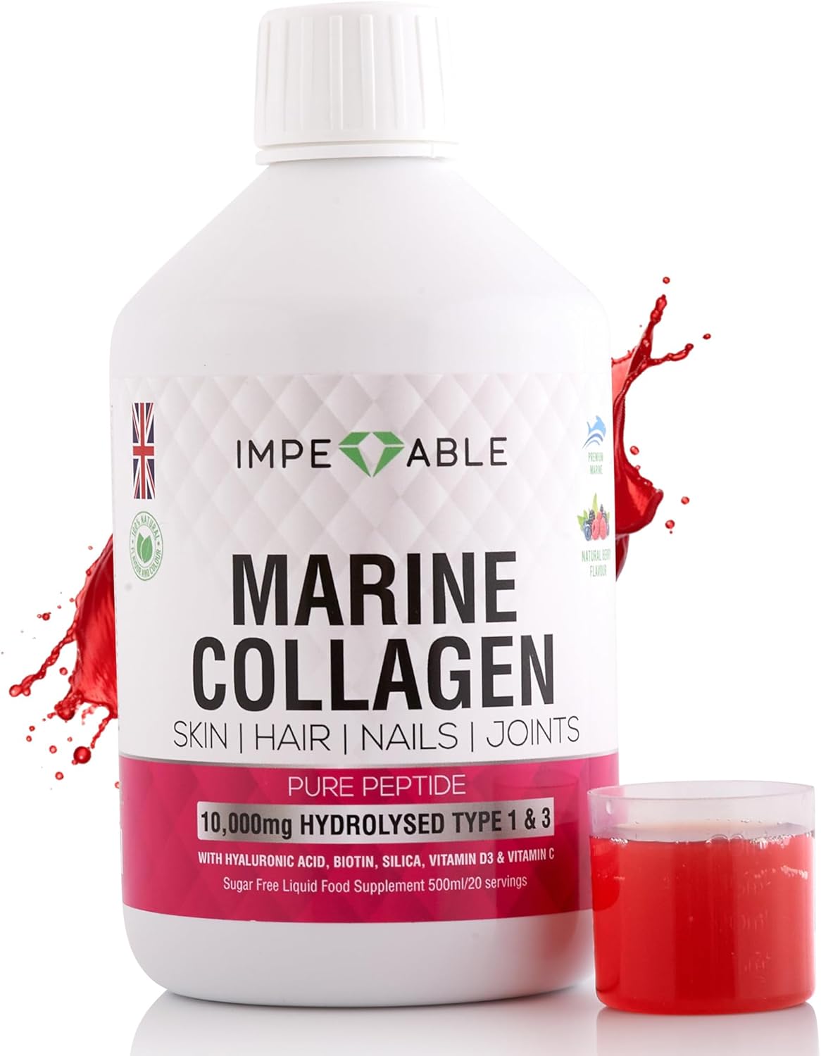 IMPECCABLE Liquid Marine Collagen 10,000mg – 500ml, Mixed Berry, Sugar Free