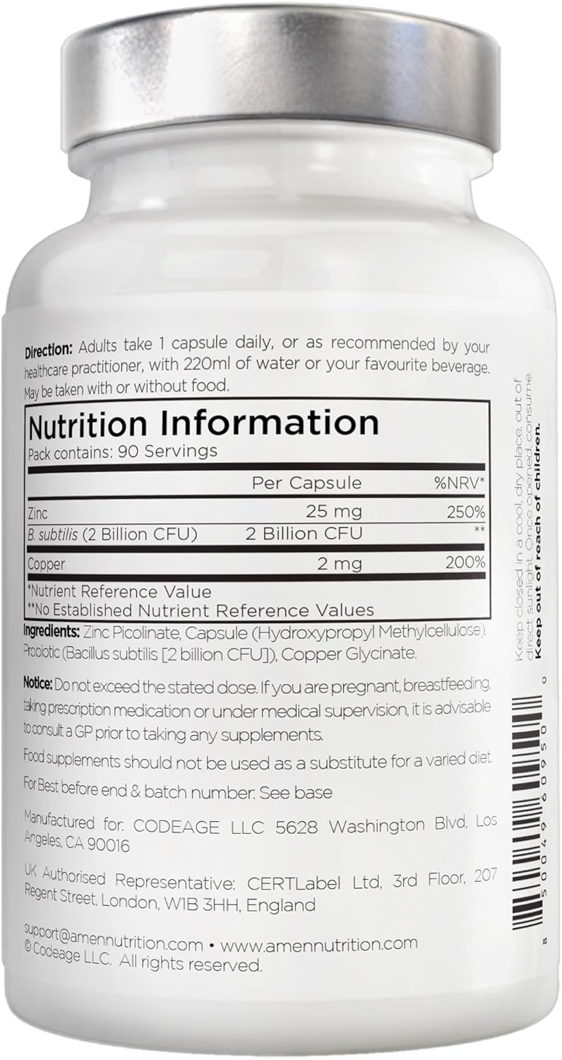 Zinc & Copper + Probiotics – 90 Capsules, 3 Month Supply, Vegan