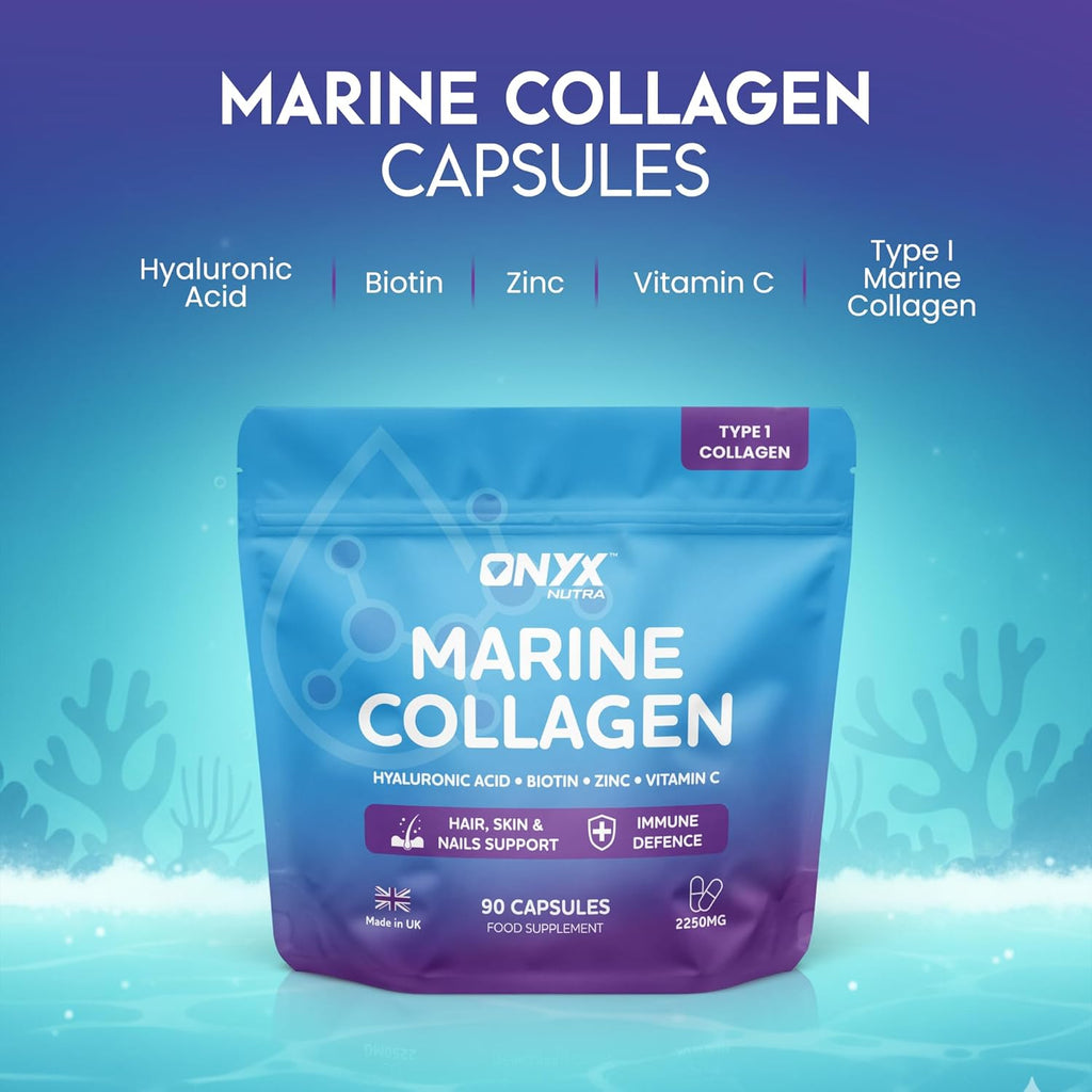 Marine Collagen Capsules 2000mg – Type 1 Hydrolysed Fish Collagen Peptides with Hyaluronic Acid 150mg, Biotin & Vitamin C | Hair Skin Nails & Joint Support Supplement for Women & Men | 90 Capsules