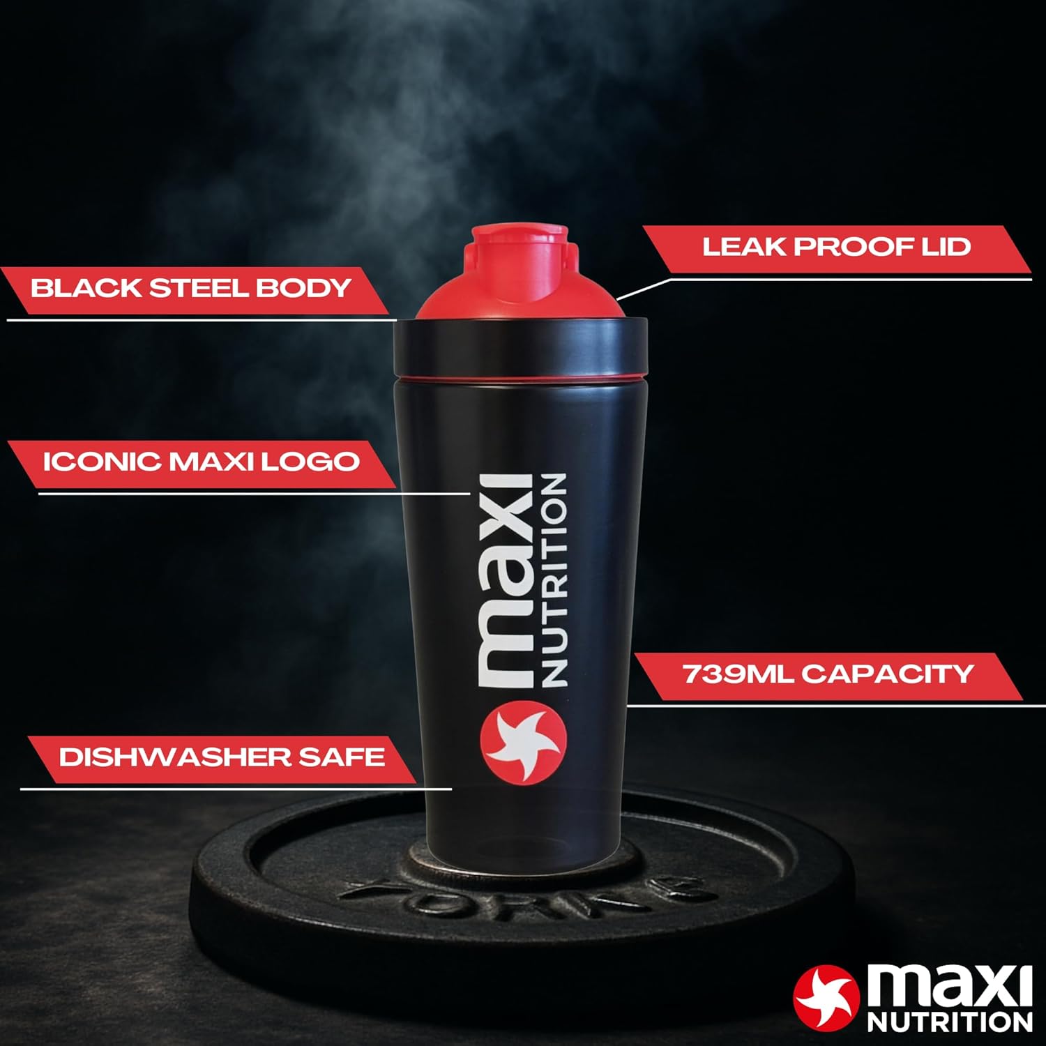 MaxiNutrition New Gen Premium Steel Shaker bottle 739ml- Screw Top with a Secure Seal for Shakes - Dishwasher Safe Sports Supplements Shaker. Ideal for Mixing Powdered Shakes & Creatine.