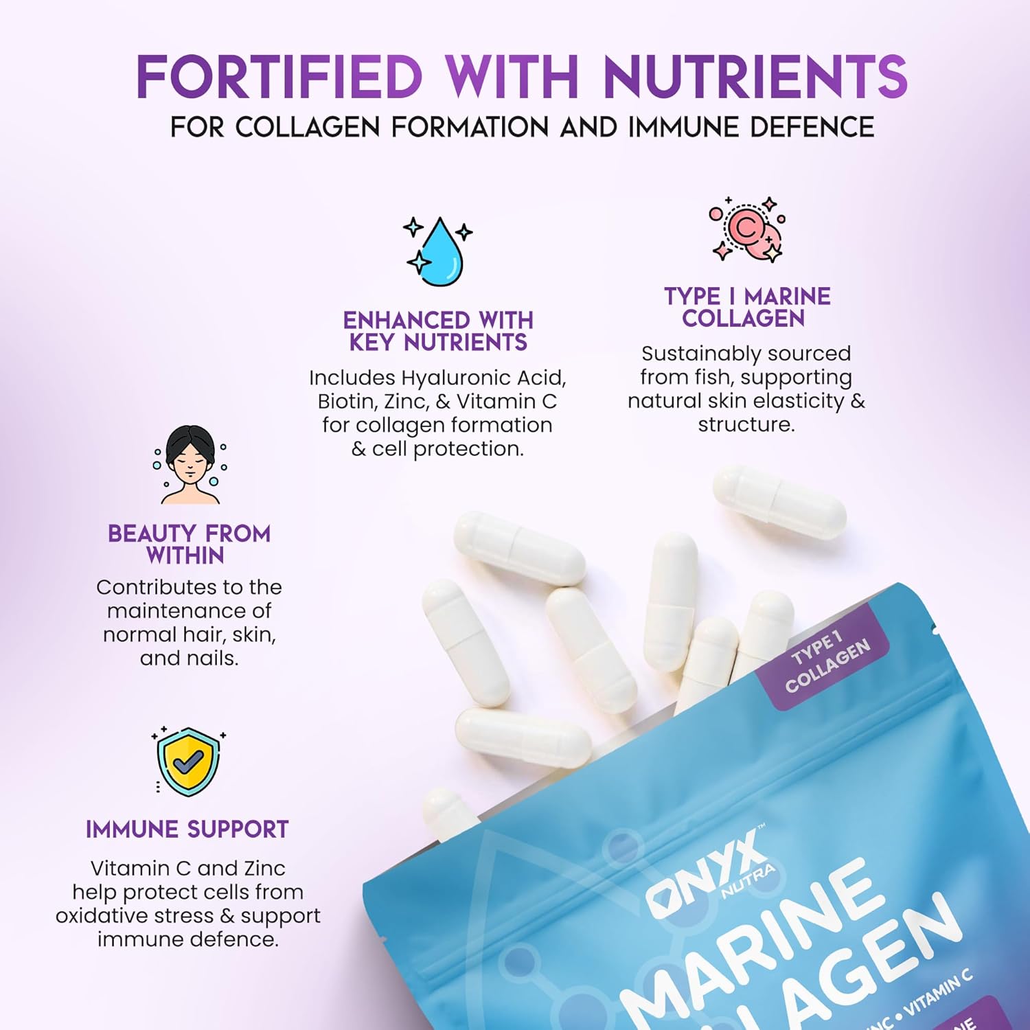 Marine Collagen Capsules 2000mg – Type 1 Hydrolysed Fish Collagen Peptides with Hyaluronic Acid 150mg, Biotin & Vitamin C | Hair Skin Nails & Joint Support Supplement for Women & Men | 90 Capsules