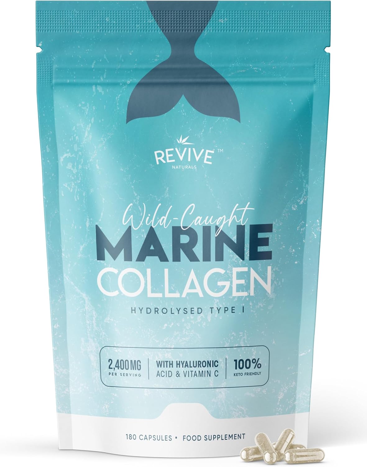 Marine Collagen Capsules 2400mg with Hyaluronic Acid & Vitamin C – 180 Capsules – High Strength Collagen Supplements for Women & Men – Premium Complex for Skin Joints Hair – by Revive Naturals