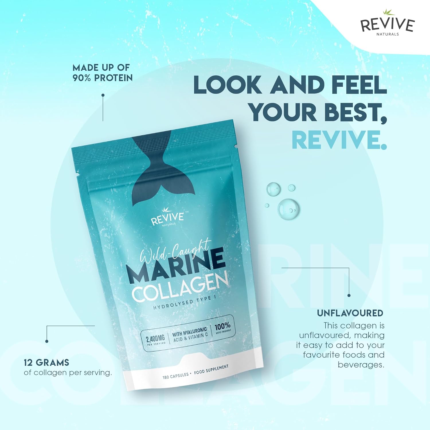 Marine Collagen Capsules 2400mg with Hyaluronic Acid & Vitamin C – 180 Capsules – High Strength Collagen Supplements for Women & Men – Premium Complex for Skin Joints Hair – by Revive Naturals