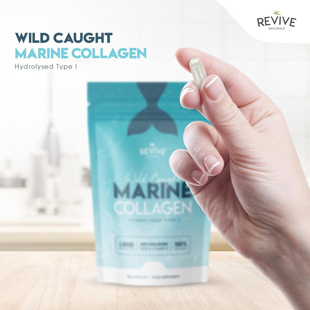 Marine Collagen Capsules 2400mg with Hyaluronic Acid & Vitamin C – 180 Capsules – High Strength Collagen Supplements for Women & Men – Premium Complex for Skin Joints Hair – by Revive Naturals