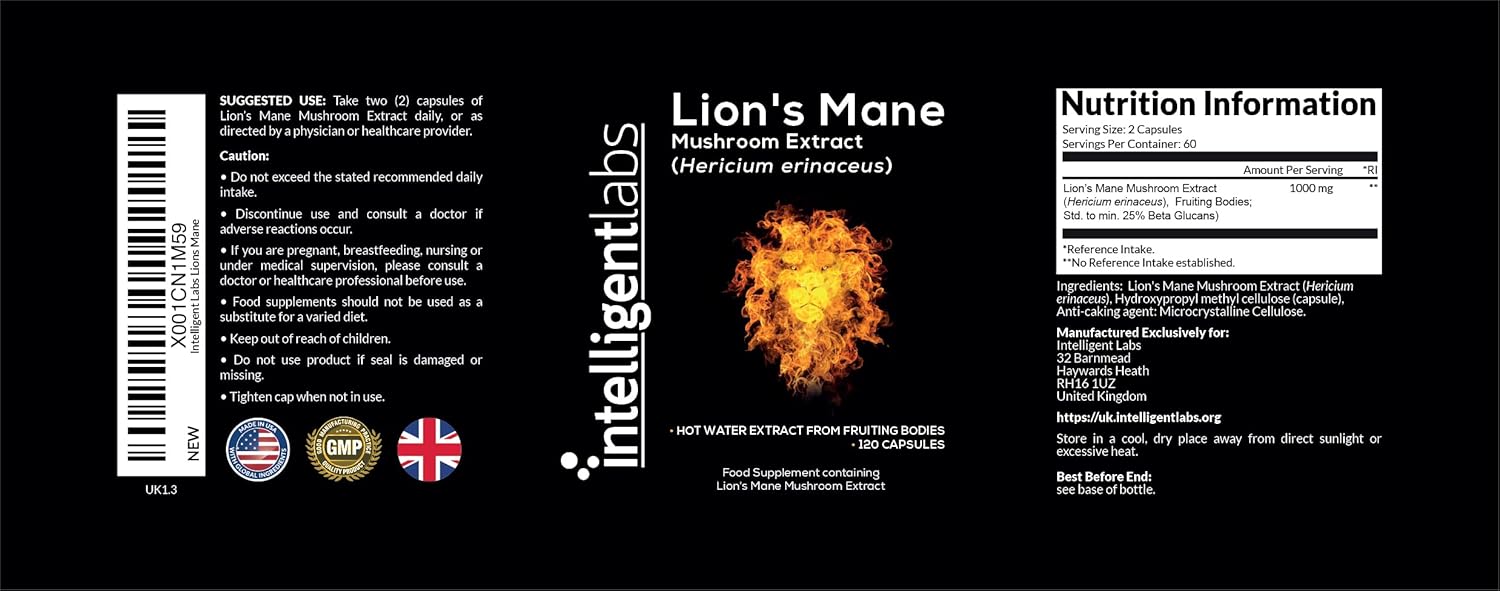 Intelligent Labs Lion’s Mane Mushroom Extract, from the Fruiting Bodies of Hericium Erinaceus, 1000mg per Serving, 120 Capsules, Mycelium and Grain-Free