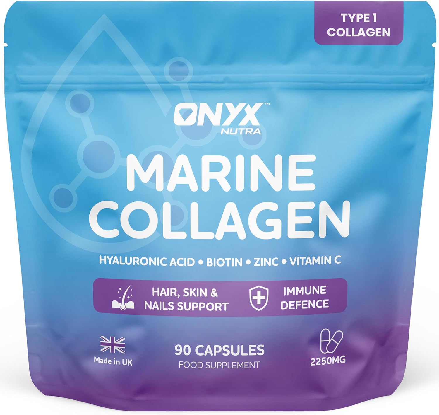Marine Collagen Capsules 2000mg – Type 1 Hydrolysed Fish Collagen Peptides with Hyaluronic Acid 150mg, Biotin & Vitamin C | Hair Skin Nails & Joint Support Supplement for Women & Men | 90 Capsules