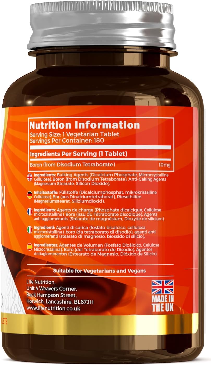 Boron Supplements 10mg – 180 Vegan Tablets, 6 Month Supply, UK Made