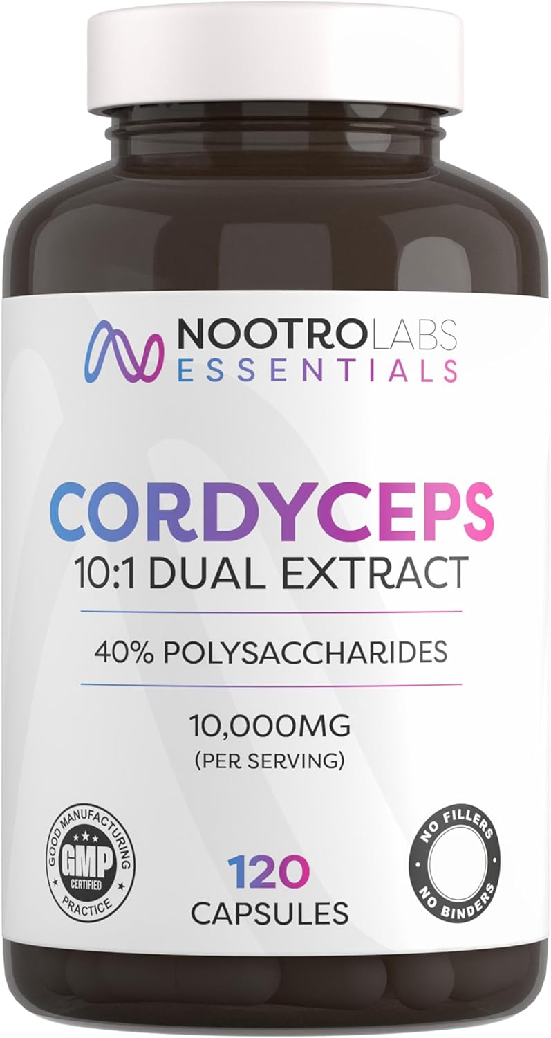 Nootro Essentials Cordyceps Supplements, High Strength 10:1 Mushroom Extract with 10000Mg & 40% Polysaccharides, Supports Peak Performance & Energy Levels (60 Servings, 2 Months Supply)