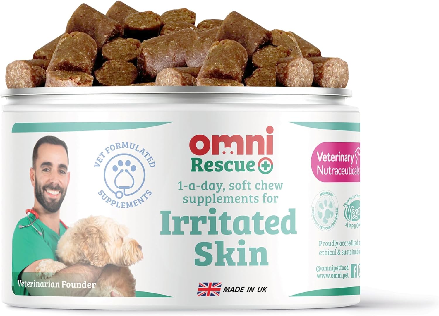 Omni Irritated Skin Relief Supplement - Dragons’ Den Winners, One-a-Day Supplements with Algae to Help Protect and Hydrate the Skin, Allergy Relief for Dogs, 30 Servings, Large 30+ Kg