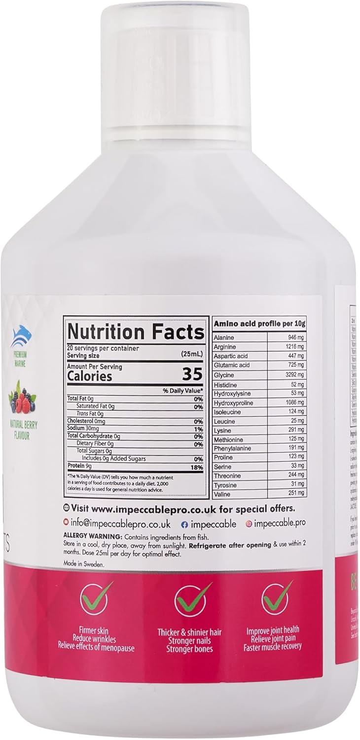IMPECCABLE Liquid Marine Collagen 10,000mg – 500ml, Mixed Berry, Sugar Free