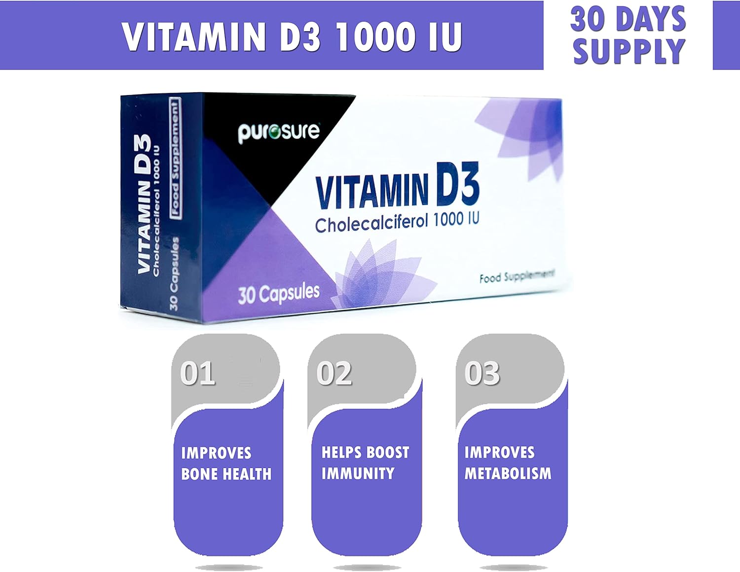 Vitamin D3 1000 IU - 30 Capsules - High Potency, Easy to Swallow Pure Vitamin D Softgel Capsules - Vitamin D3 Supplements Helps Boost Health and Immune System