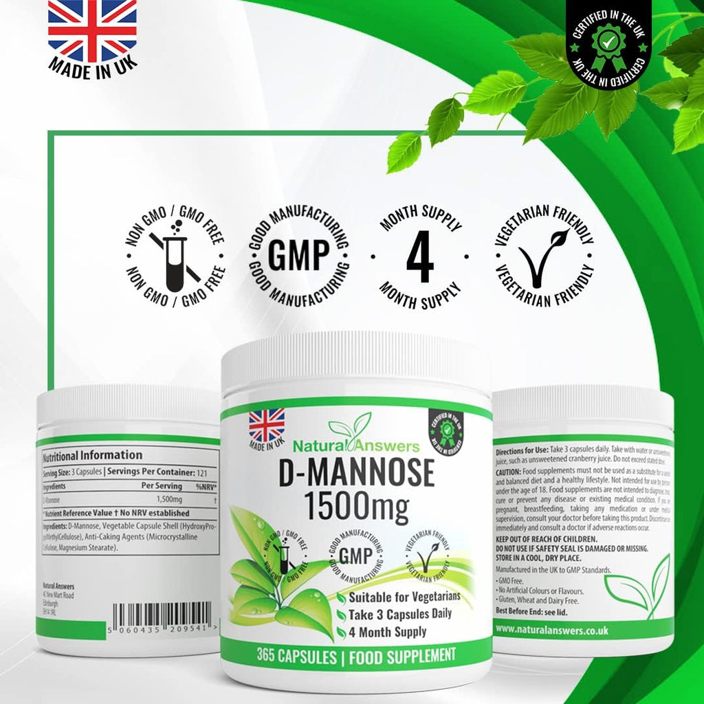 D-Mannose | 365 Capsules | Max Strength 1500mg per Serving - Precision DMannose - Vegetarian Capsules not Tablets or Pills, Made in The UK (365 Count (Pack of 1))