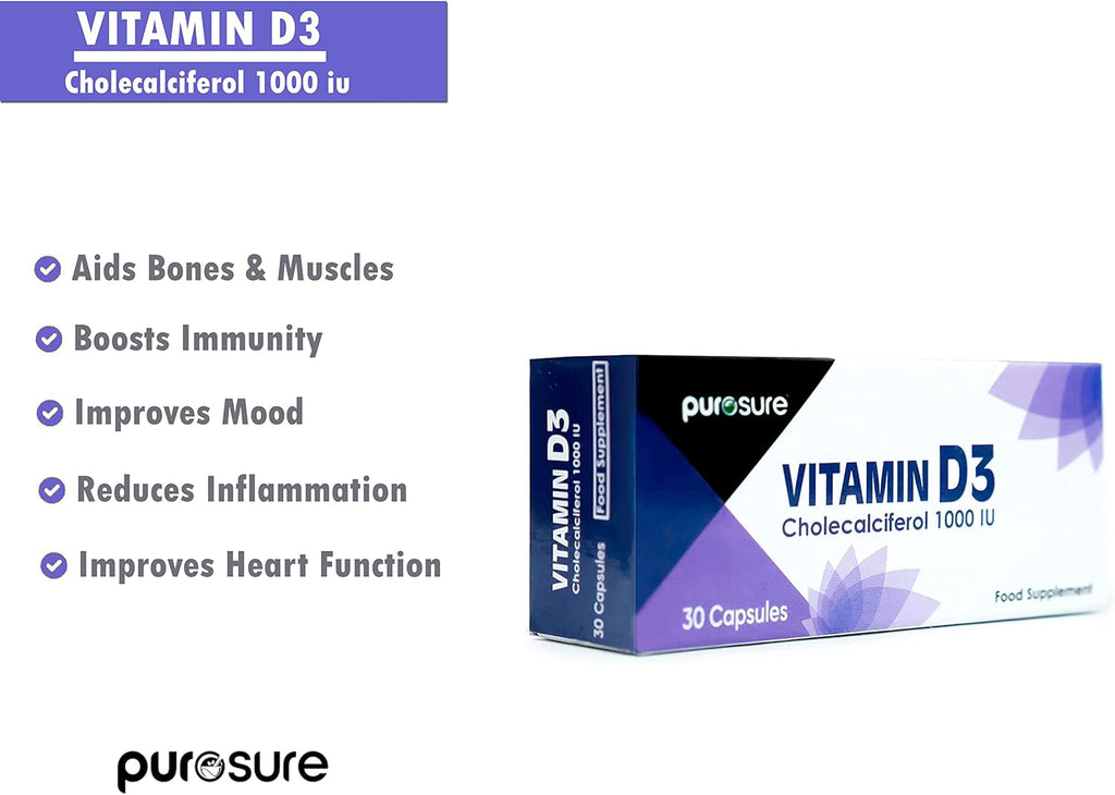 Vitamin D3 1000 IU - 30 Capsules - High Potency, Easy to Swallow Pure Vitamin D Softgel Capsules - Vitamin D3 Supplements Helps Boost Health and Immune System