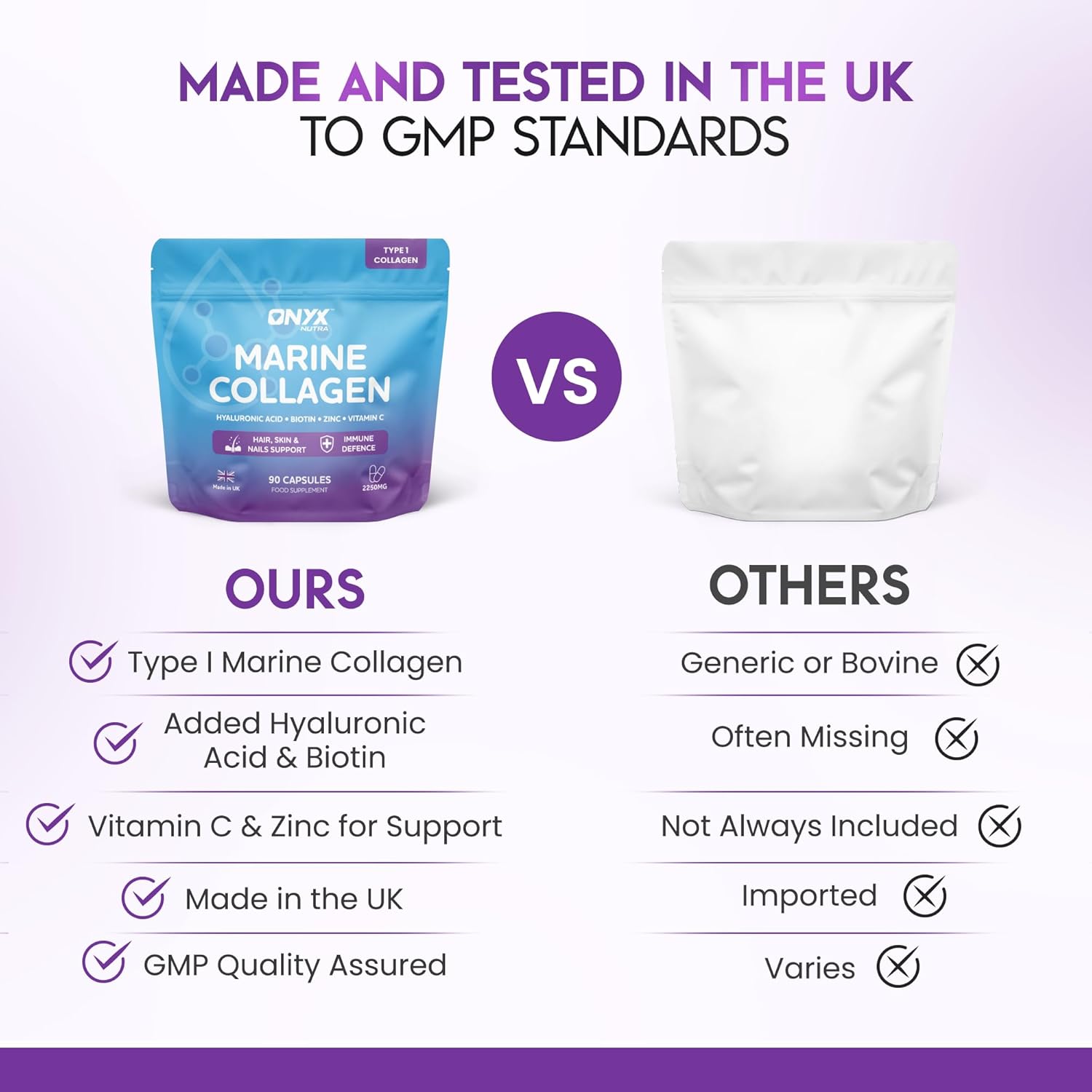 Marine Collagen Capsules 2000mg – Type 1 Hydrolysed Fish Collagen Peptides with Hyaluronic Acid 150mg, Biotin & Vitamin C | Hair Skin Nails & Joint Support Supplement for Women & Men | 90 Capsules