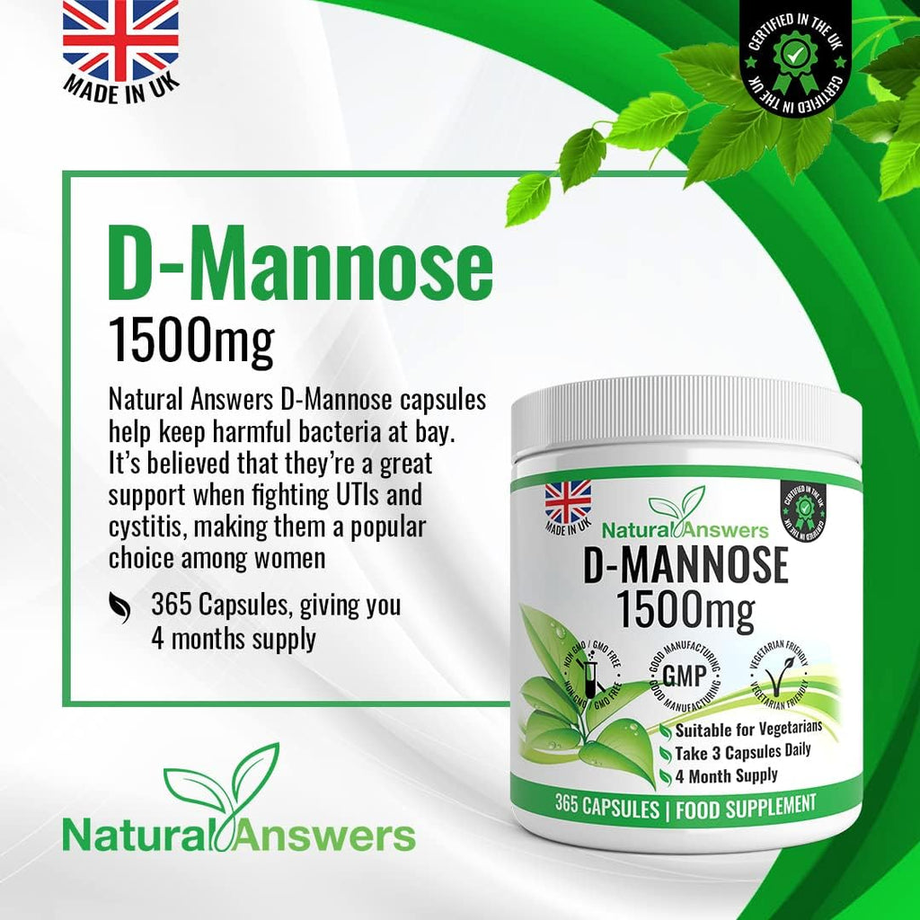 D-Mannose | 365 Capsules | Max Strength 1500mg per Serving - Precision DMannose - Vegetarian Capsules not Tablets or Pills, Made in The UK (365 Count (Pack of 1))