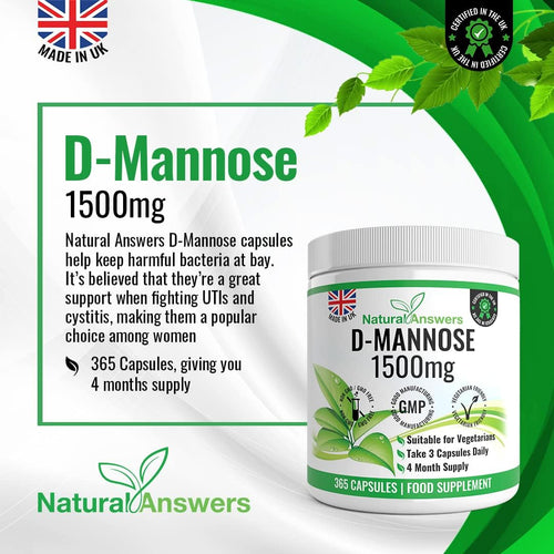 D-Mannose | 365 Capsules | Max Strength 1500mg per Serving - Precision DMannose - Vegetarian Capsules not Tablets or Pills, Made in The UK (365 Count (Pack of 1))