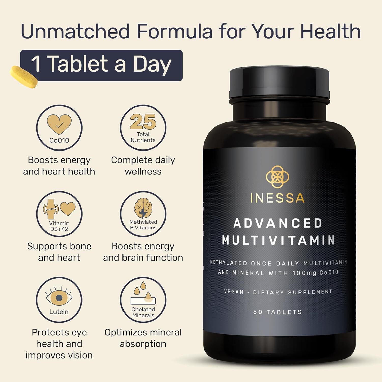 Inessa Advanced Multivitamin – CoQ10, D3, K2 & Full B Complex