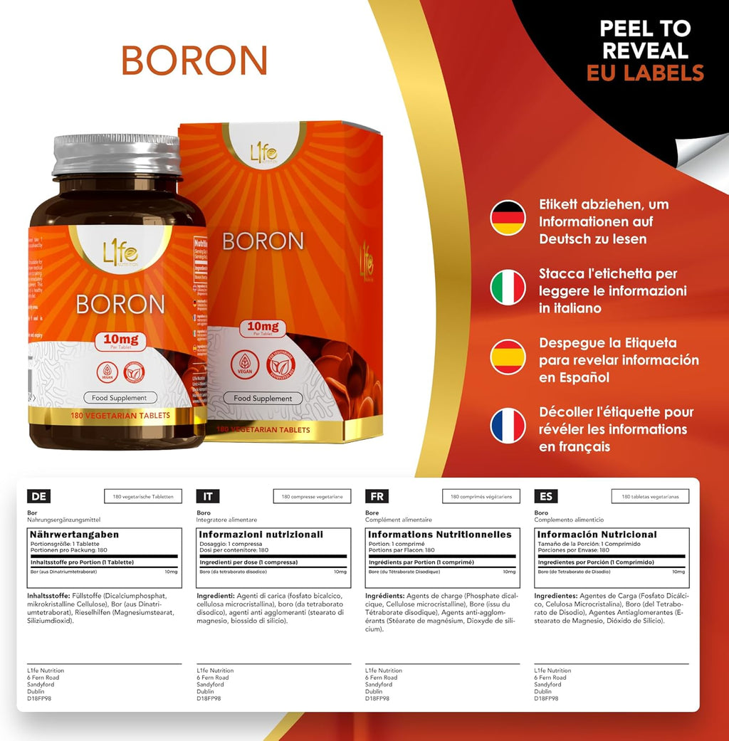 Boron Supplements 10mg – 180 Vegan Tablets, 6 Month Supply, UK Made
