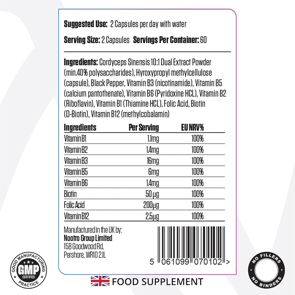 Nootro Essentials Cordyceps Supplements, High Strength 10:1 Mushroom Extract with 10000Mg & 40% Polysaccharides, Supports Peak Performance & Energy Levels (60 Servings, 2 Months Supply)
