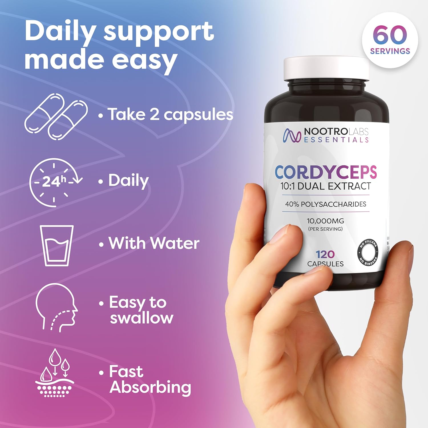 Nootro Essentials Cordyceps Supplements, High Strength 10:1 Mushroom Extract with 10000Mg & 40% Polysaccharides, Supports Peak Performance & Energy Levels (60 Servings, 2 Months Supply)