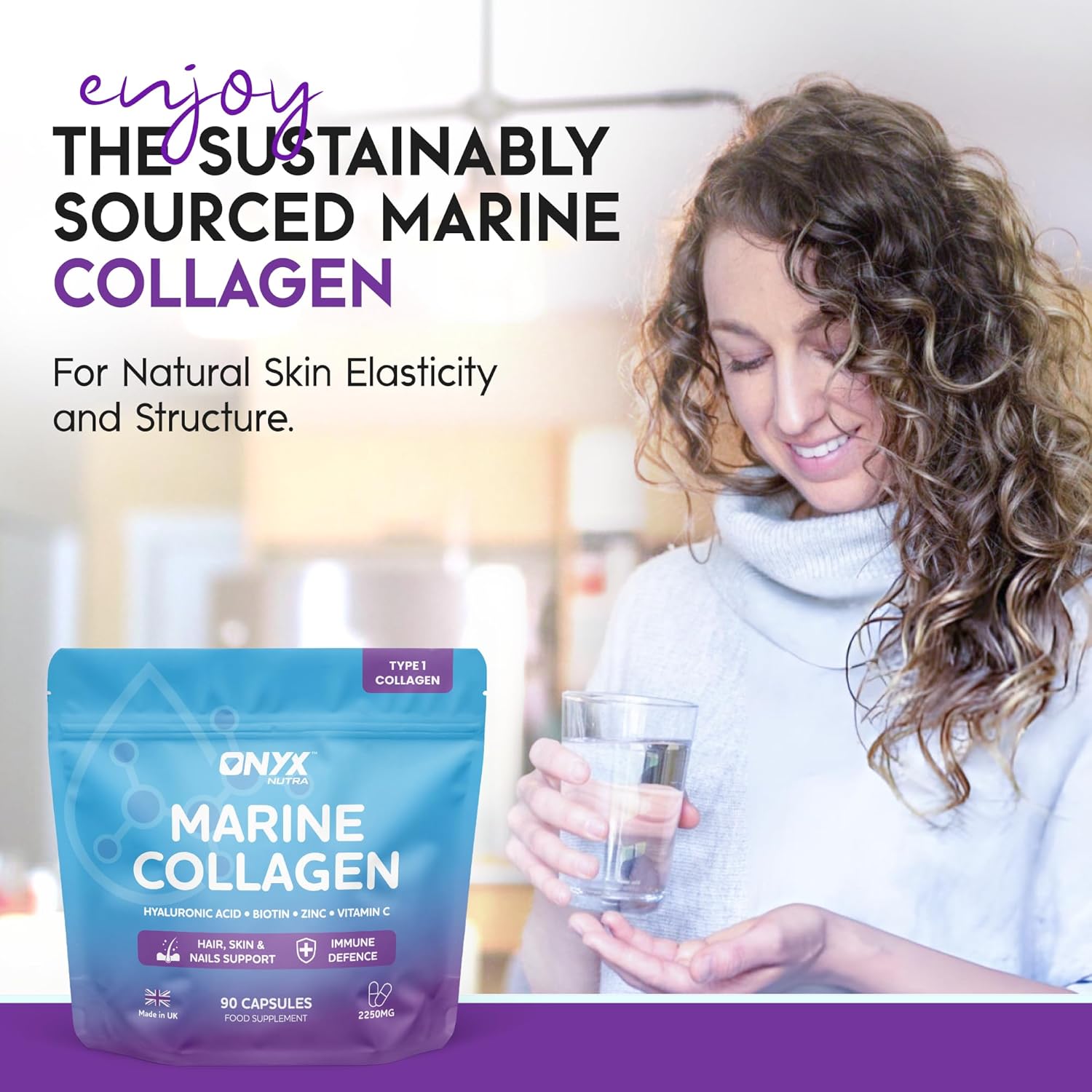 Marine Collagen Capsules 2000mg – Type 1 Hydrolysed Fish Collagen Peptides with Hyaluronic Acid 150mg, Biotin & Vitamin C | Hair Skin Nails & Joint Support Supplement for Women & Men | 90 Capsules