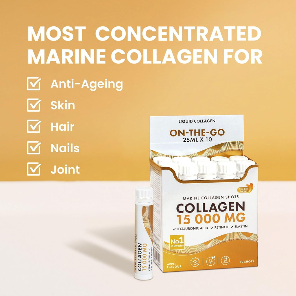 Swedish Nutra Liquid Marine Collagen 15,000mg – 10 Shots, Halal, Sugar Free