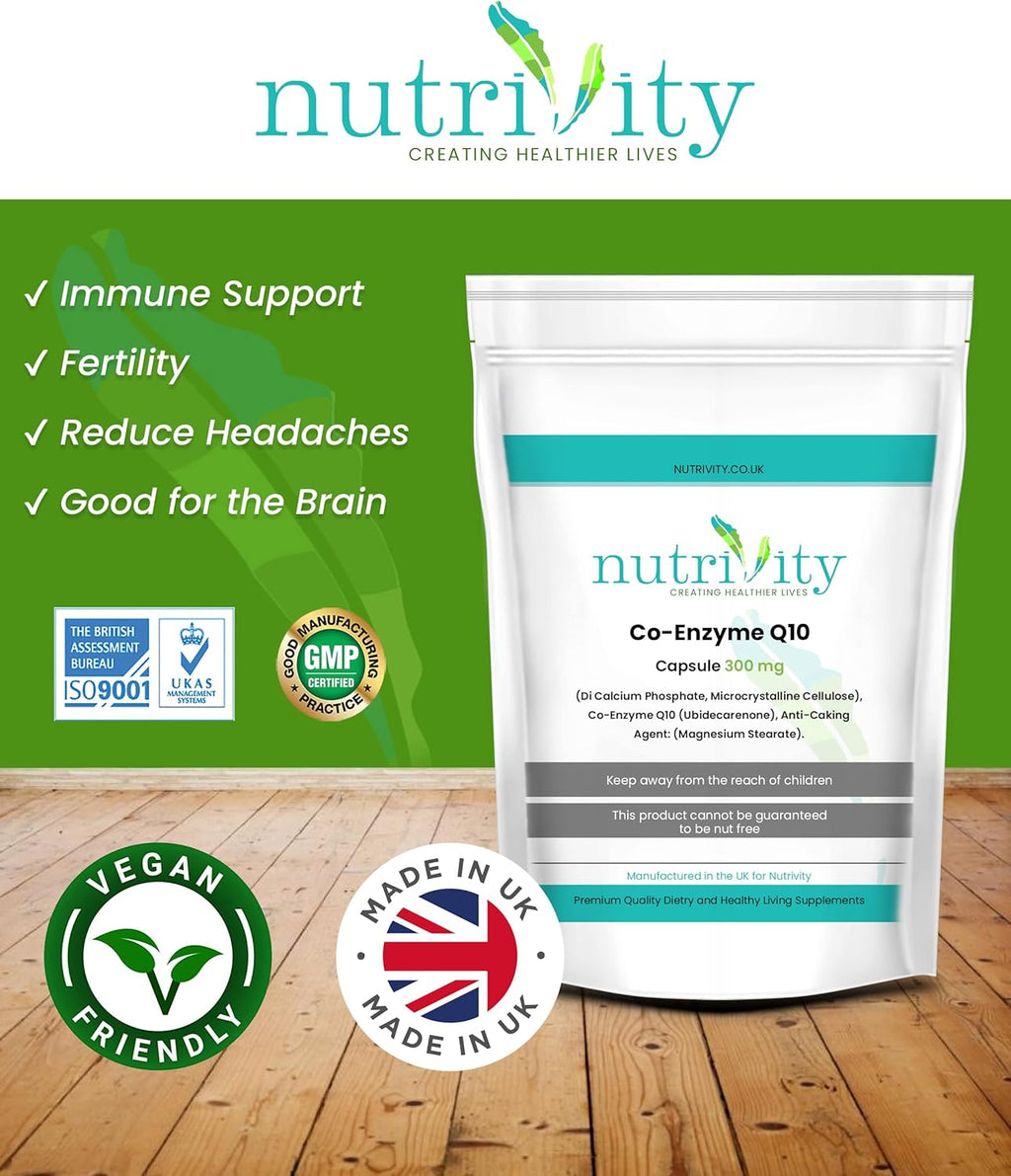 CoQ10 300mg | 60 Vegan Capsules | 2 Month Supply | High Strength Naturally Fermented Ubiquinone CoQ10 | High Absorption Antioxidant Immune Support | UK GMP Made | Nutrivity