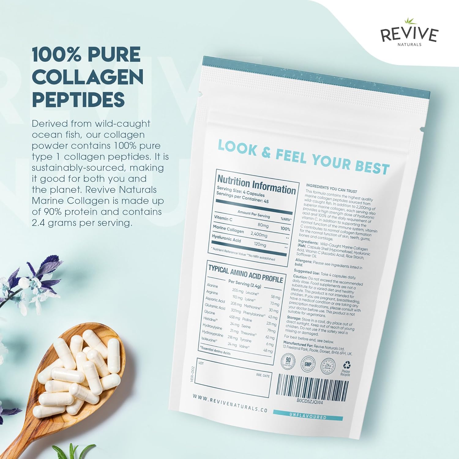 Marine Collagen Capsules 2400mg with Hyaluronic Acid & Vitamin C – 180 Capsules – High Strength Collagen Supplements for Women & Men – Premium Complex for Skin Joints Hair – by Revive Naturals