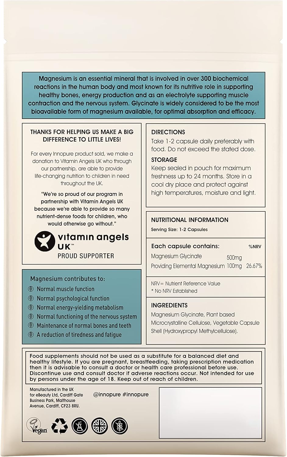 INNOPURE Magnesium Bisglycinate - 180 Capsules - Bioavailable Magnesium Supplements - 1000mg Per Serving (2 Capsules) Providing 200mg of Elemental Glycinate Powder - Made in The UK