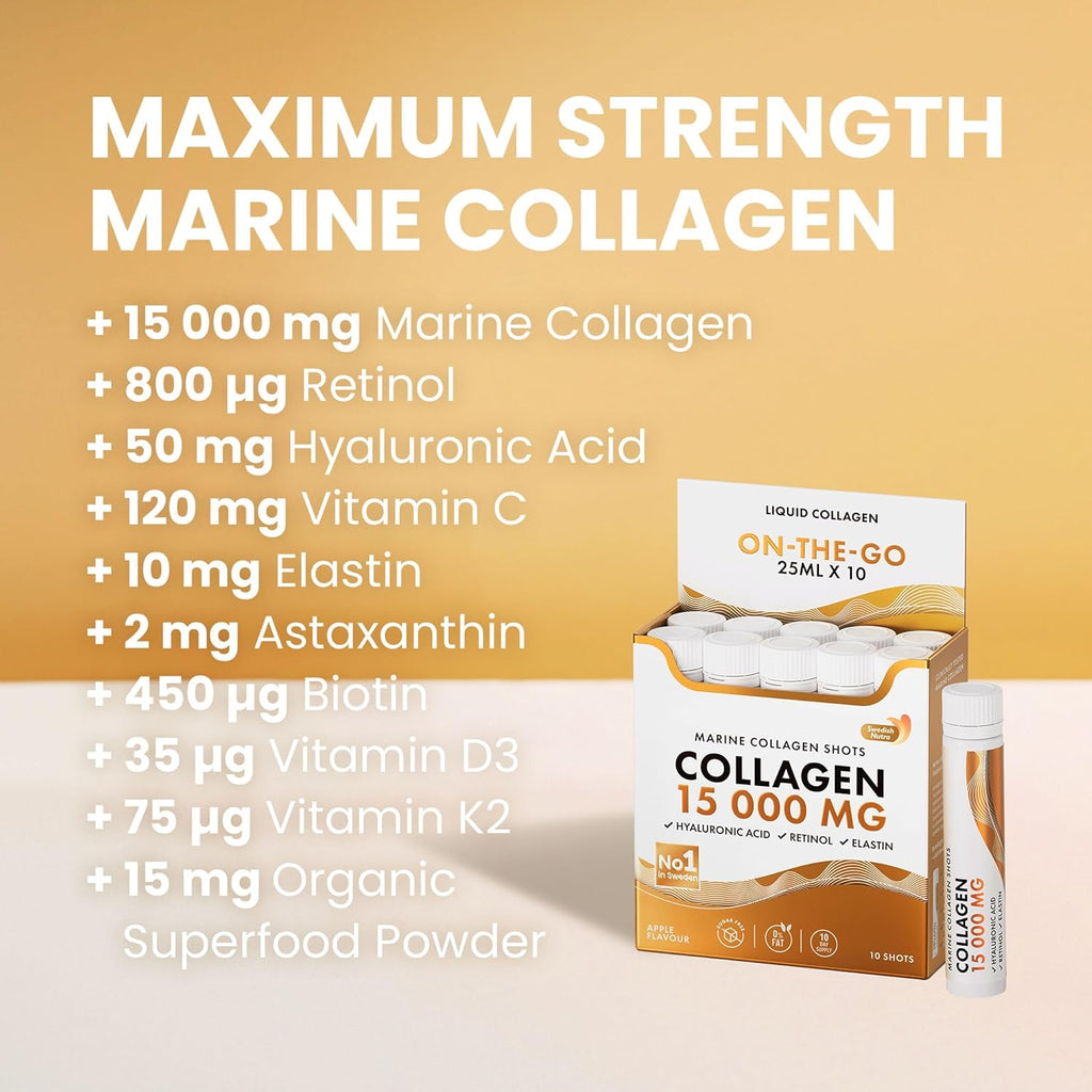 Swedish Nutra Liquid Marine Collagen 15,000mg – 10 Shots, Halal, Sugar Free
