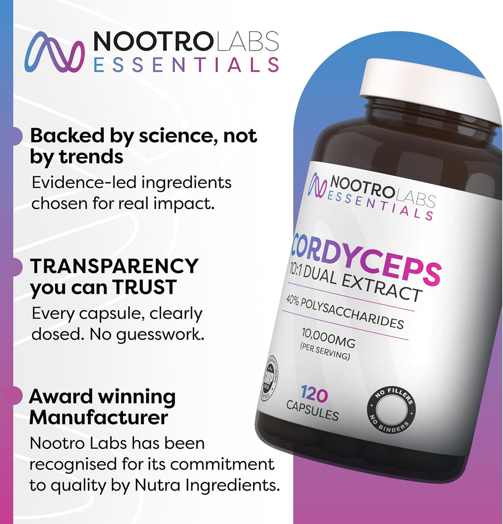 Nootro Essentials Cordyceps Supplements, High Strength 10:1 Mushroom Extract with 10000Mg & 40% Polysaccharides, Supports Peak Performance & Energy Levels (60 Servings, 2 Months Supply)