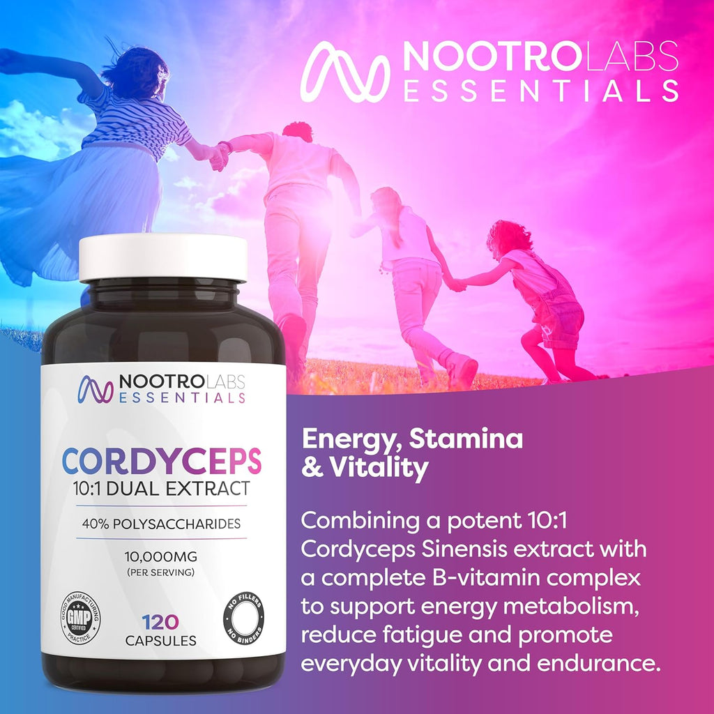 Nootro Essentials Cordyceps Supplements, High Strength 10:1 Mushroom Extract with 10000Mg & 40% Polysaccharides, Supports Peak Performance & Energy Levels (60 Servings, 2 Months Supply)