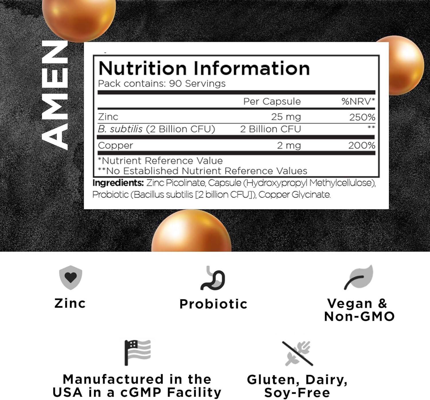 Zinc & Copper + Probiotics – 90 Capsules, 3 Month Supply, Vegan